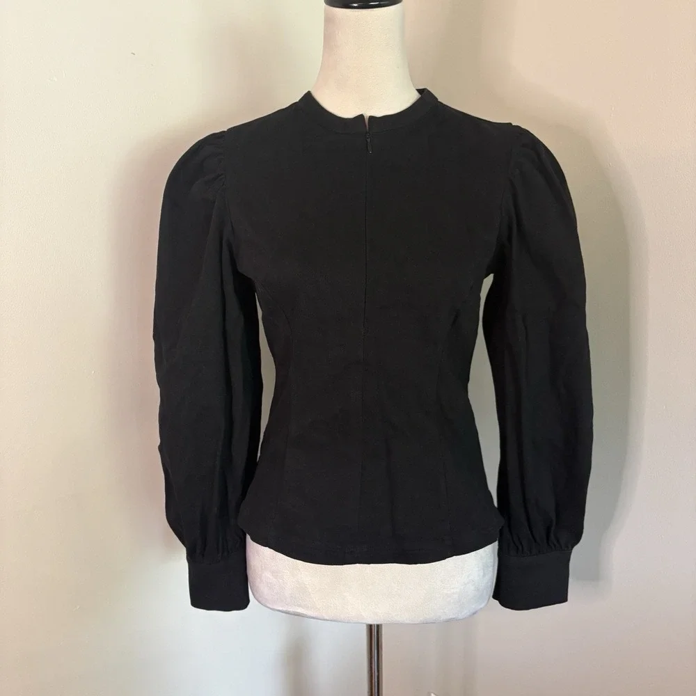 Tuckernuck Hyacinth House Black Denim Zip Anderson Blouse Puff Sleeve Sz Small S